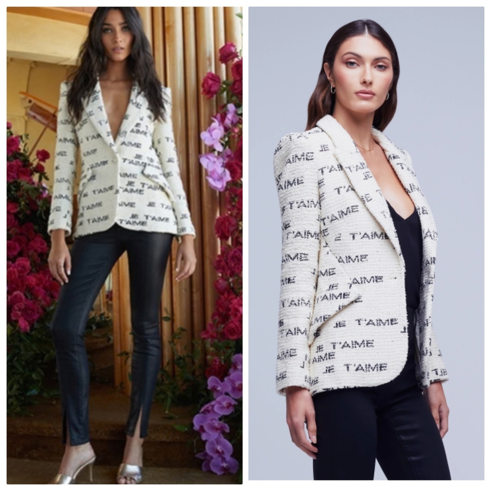 L'AGENCE Cream Tweed Blazer with Black 'T'AIME' Script